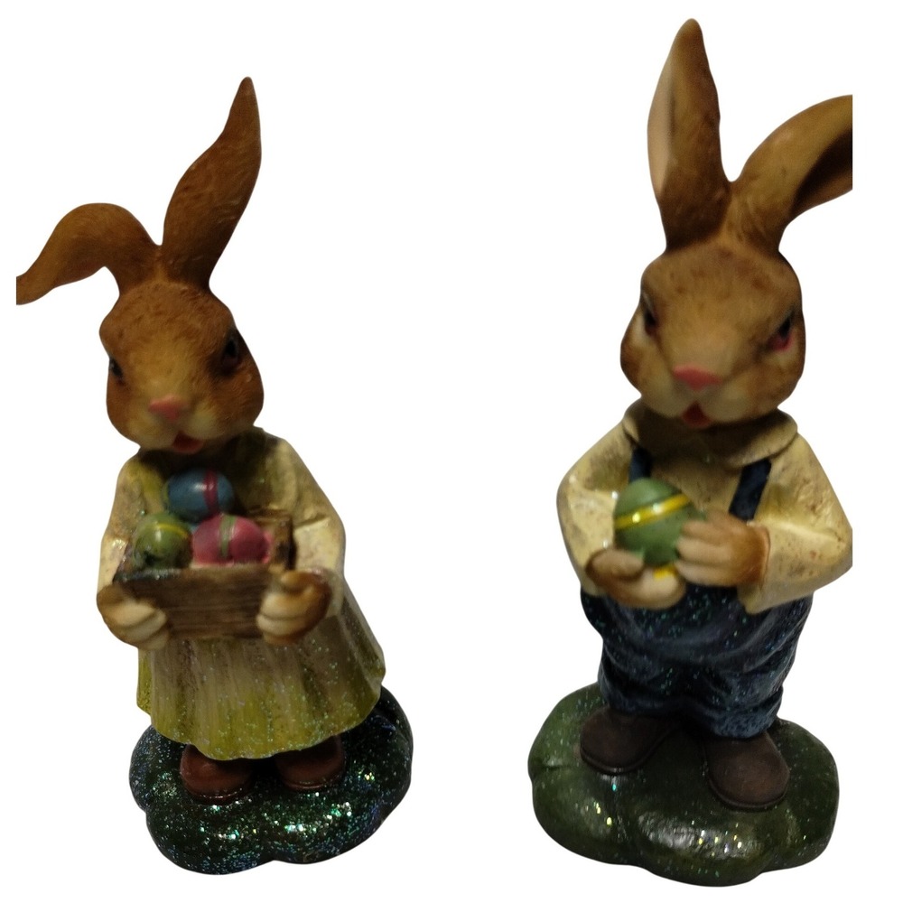 Greenbrier International Easter Bunny Figurine‎ Pair Resin Glitter Rabbits 11595